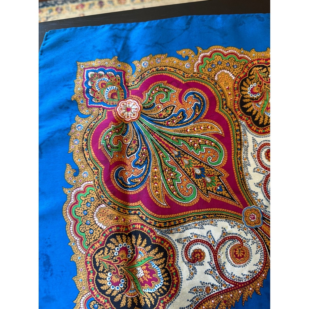 Silk Scarf Blue Paisley Medallion Print Square Hand Rolled Ornate Boho - Picture 2 of 5